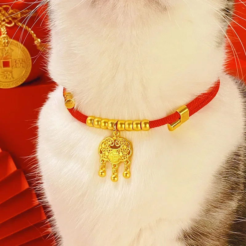 Pet Collar Cat Fashionable Pet New Year Adjustable Necklace Red Rope Chinese Traditional Lucky Bless Hand Knitted Cat Scarf