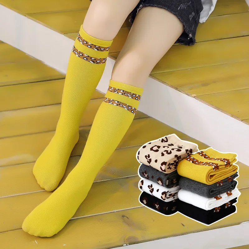 Autumn Winter Girls Knee High Socks Leopard Print Striped Soft Leg Warmers Cotton Long Socks Boys Girls for Children 2-12Y