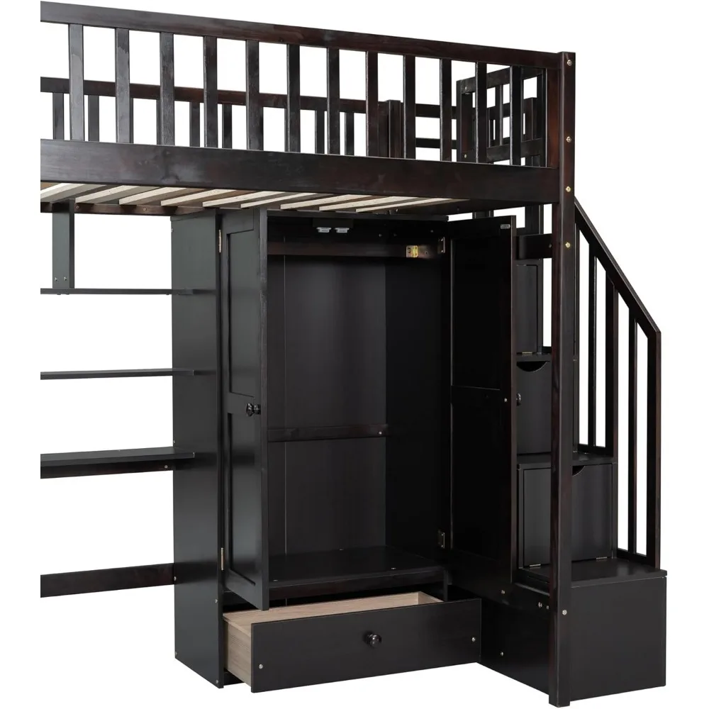 Twin Size Multifunctional Loft Bed with Wardrobe,Desk,Bookshelf and Drawers,Wood Loft Bed with Stairway Children's Wardrobes 4