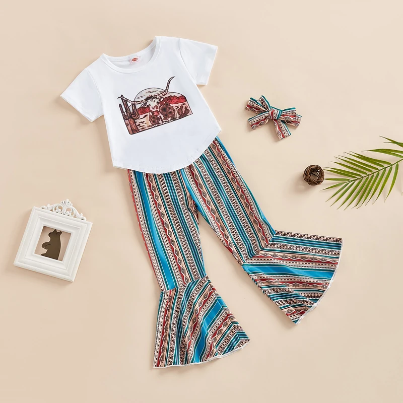 

Toddler Baby Girls Summer Outfits Casual T-Shirt Striped Flare Pants Headbands Set Short Sleeve Clothes