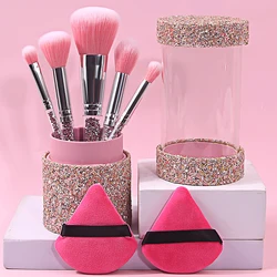 8 - Piece Diamond - Handled Makeup Brush Set with Soft Fan Powder Puff and Portable Storage Bucket (Pink)