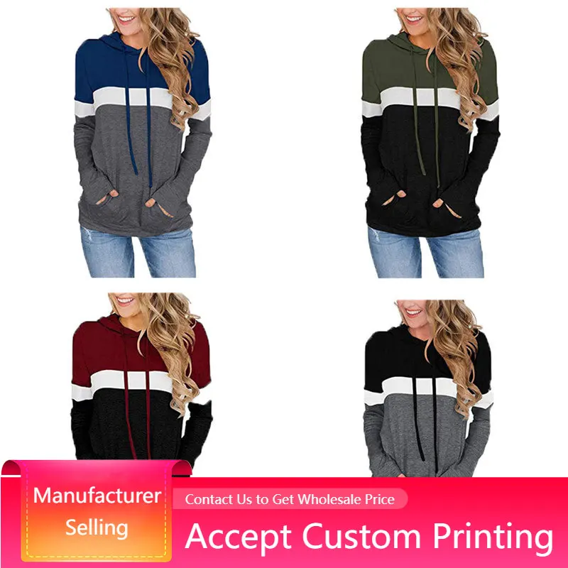 Womens Casual Color Block Sweatirts Long Sleeve Drawstring Pullover Hoodie Tops with Pocket