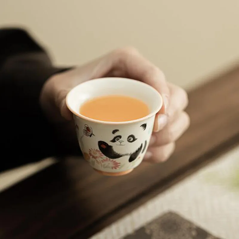 Beige Porcelain Panda Pattern Sancai Gaiwan Kungfu Tea Cup Tea Tureen infuser Bowl Kitchen Drinkware