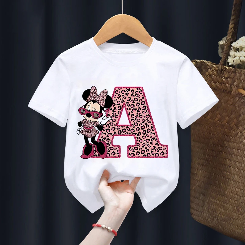 Children T Shirt Minnie Children T-Shirts Letter A-Z Name Combination Disney Kawaii Cartoons Clothes Kids Little Boy Girl Tee Shirts Casual Tops