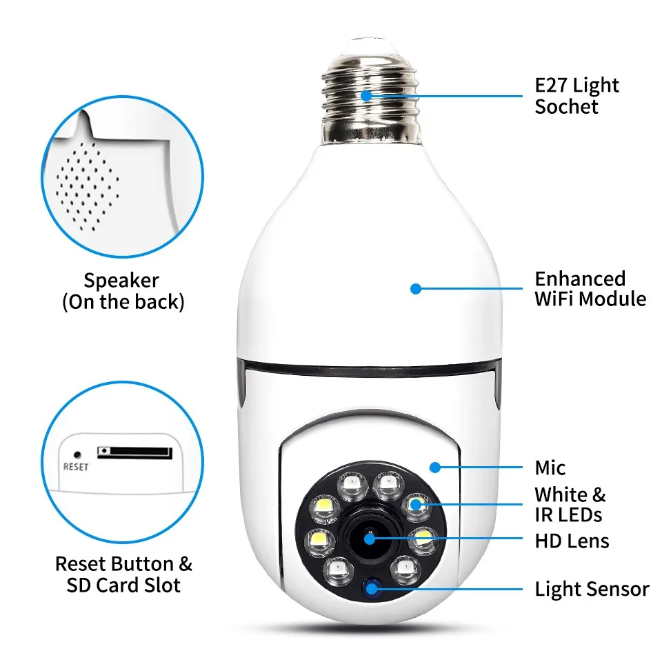 5G E27 Bulb WiFi Camera Yiiot APP 1080P HD 4X Digital Zoom AI Human Motion Detect Full Color Night Vision Surveillance IP Camera wifi camera ip camera surveillance camera wifi ip camera bulb camera