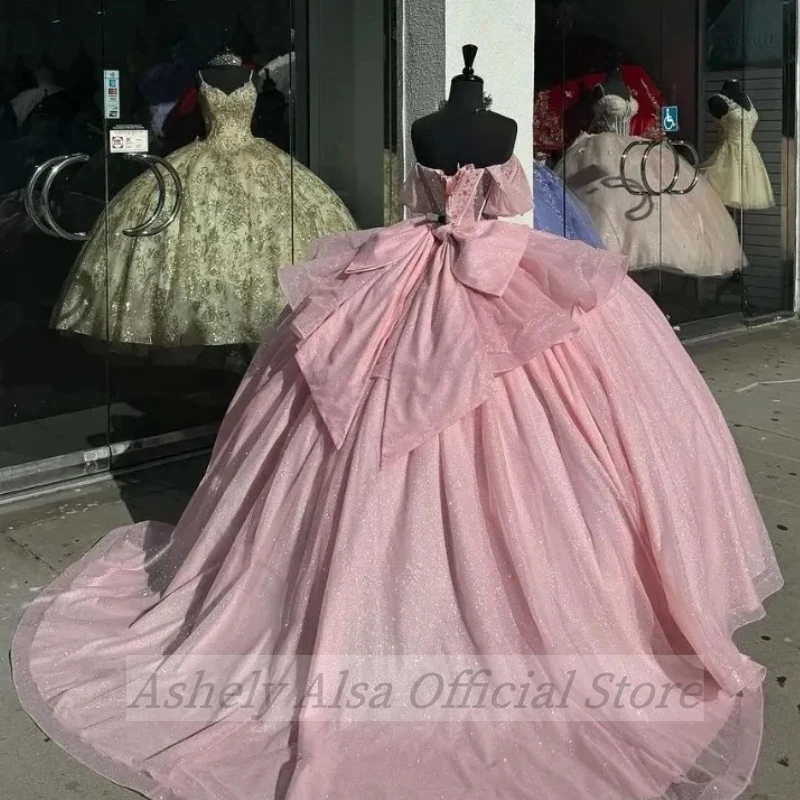 Real Picture Pink Shinny Prom Dresses Sweet 15 16 Year Girls Off Shoulder Beaded Vestido De xv Quinceanera Birthday Party Gown