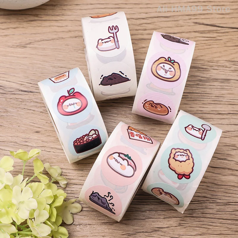 500Pcs/Roll 2.5cm/1inch Circular Cute Cartoon Sushi Pattern Decorative Sticker Baked Dessert Lunch Box Label Decor Sticker