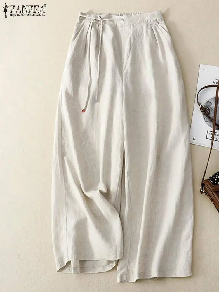 

Брюки ZANZEA женские с эластичным поясом, повседневные свободные штаны с широкими штанинами, винтажная однотонная хлопковая уличная одежда в стиле палаццо, осень