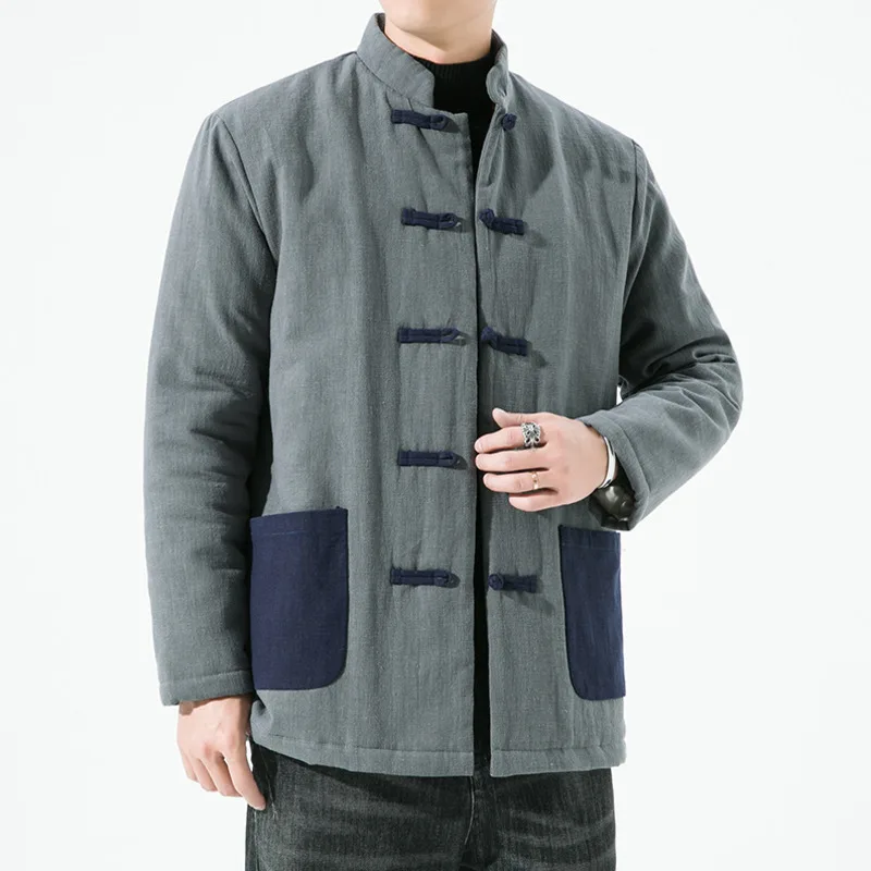 Men's Cotton Linen Chines Buckle Tang Suit Hanfu Padded Jacket Winter Thicken Warm Wadded Jacket With Patch Pocket Male Ourwear