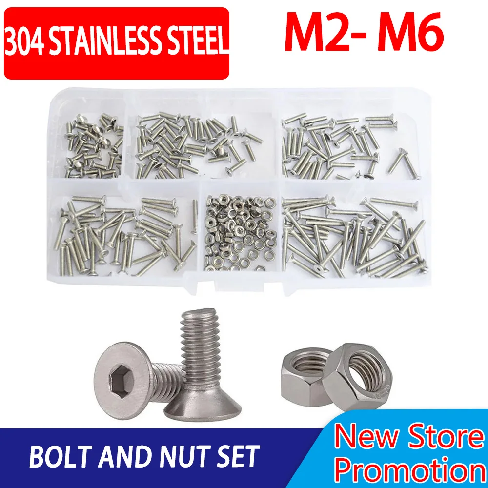 

M2 M3 M4 M5 M6 304 Stainless Steel Hex Socket Bolt and Nut Set Flat Head Machine Countersunk Screw Metric Thread Hexagon kit