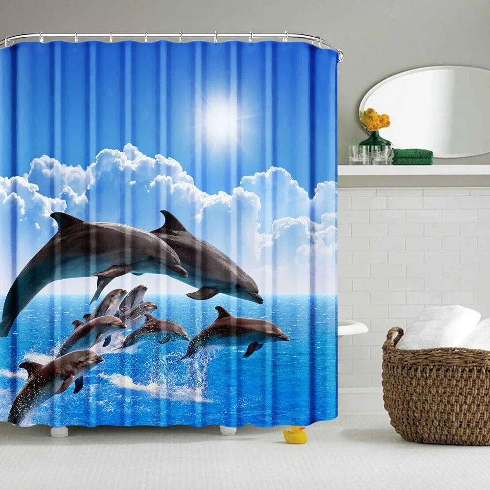 Dolphin Ocean Shower Curtain Sea Summer Beach Underwater Bath Screens Bath Shower Curtain with 12 Hooks for Bathroom Room