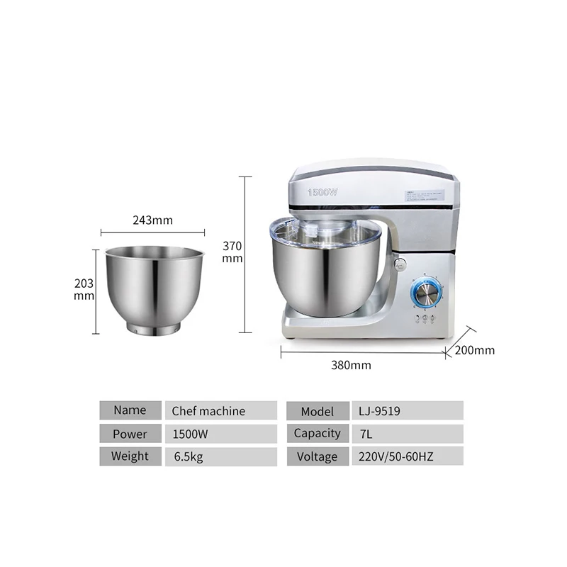 Commercial electric 7L Kitchen Food Stand Mixer Blender Cream Egg Whisk Cake Dough Kneader Bread Maker Stainless Steel Bowl 6