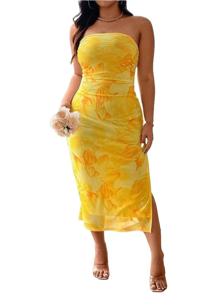 Wmstar Dress Summer Plus Size Women's Sexy Printed  Summer One-shoulder Tube Top Long Yellow Long Dress Wholesale Dropshipping