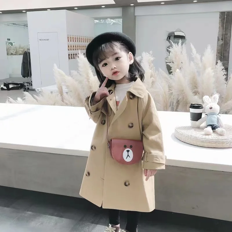 Girls' Spring and Autumn Trench Coat Children Double-Breasted Casual Coat Top Mid-Length Fashionable Coat Children's Trench Coat