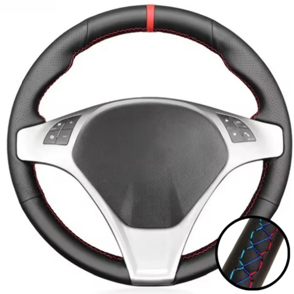 Premium Handcrafted Black Leather Steering Wheel Cover - Elegant Car Interior Accessory