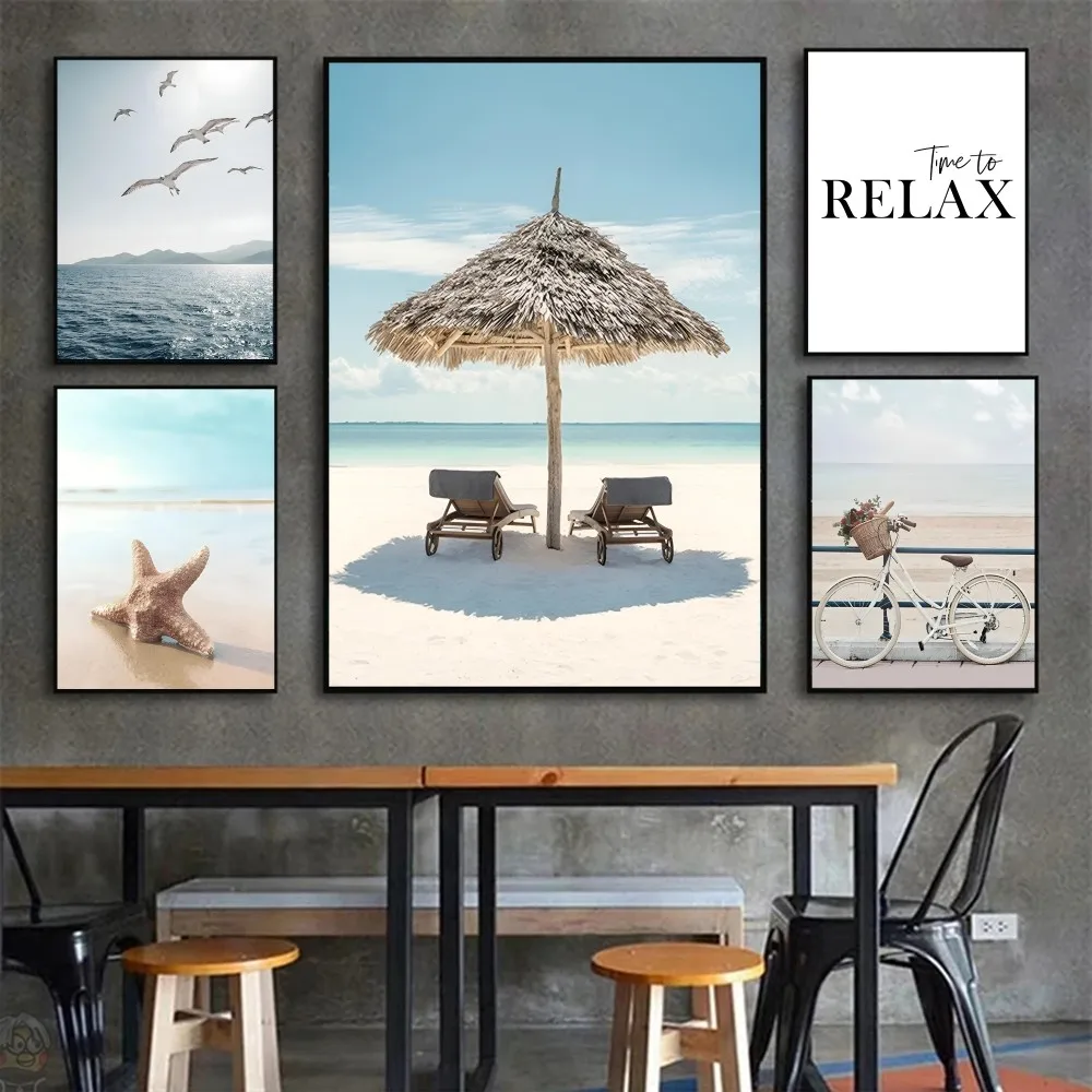 Beach Sea Ocean Canvas Wall Art Poster Bridge Leaves Turtle Seagull Print Painting Vibrant Summer Picture Nordic Home Decoration