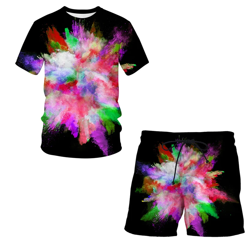 

Splash Tie Dyeing 3D Print Men's Round Neck Tracksuit Set Summer Casual T-Shirt Shorts 2 Piece Sets Fashion Oversized Streetwear