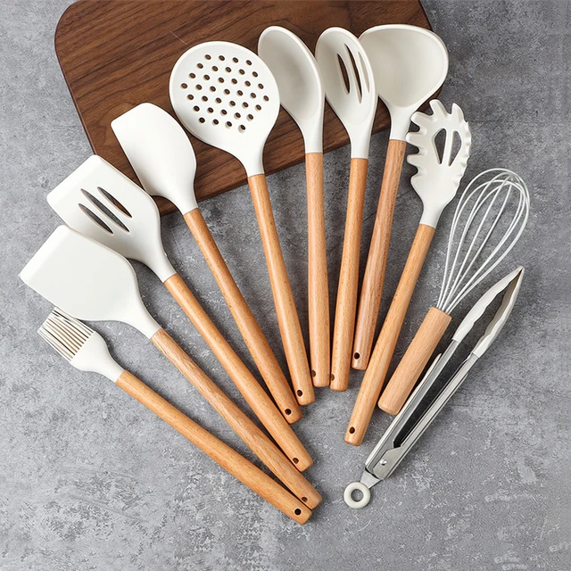 12Pcs Silicone Kitchen Utensils Set Non-Stick Kitchenware Cooking Set with  Holder,Wooden Handle Spatula Spoon Cookware Set - AliExpress