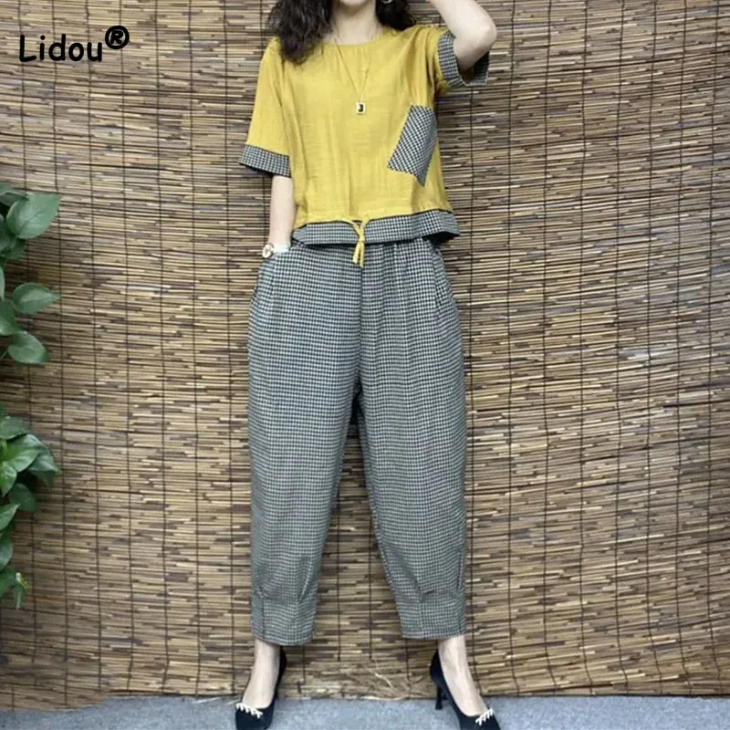 Casual Fashion Short Sleeve Spliced T-shirt Female Sets 2023 Summer Womens Clothing Plaid Printed Wide Leg Pants Two Piece Sets serge two piece suit single breasted solid color business casual korean suits for women trending womens clothing 2023 pants sets