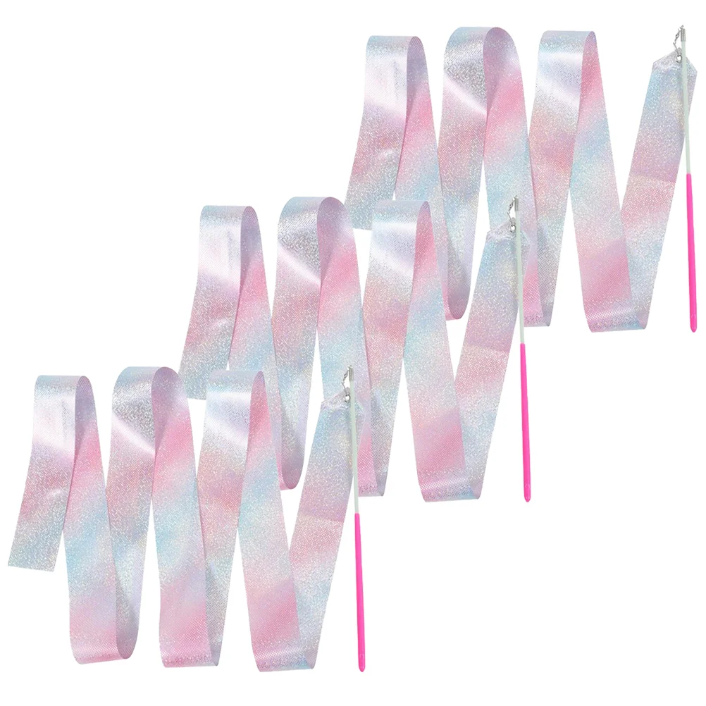 

3 Pcs Children's Gymnastics Ribbon Flashing Star Style 2m Pink Handle 3pcs Ribbons Toy Silk Fiberglass Fitness