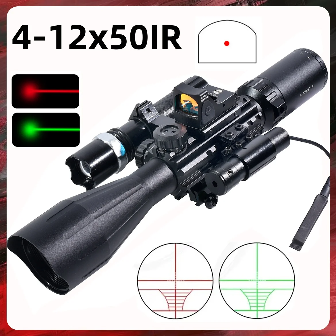 4-12x50IR Hunting Red/Green Illuminated Crosshair Rangefinder Reticle and Red Dot Sight with Laser Combo 20mm Tactical Sight