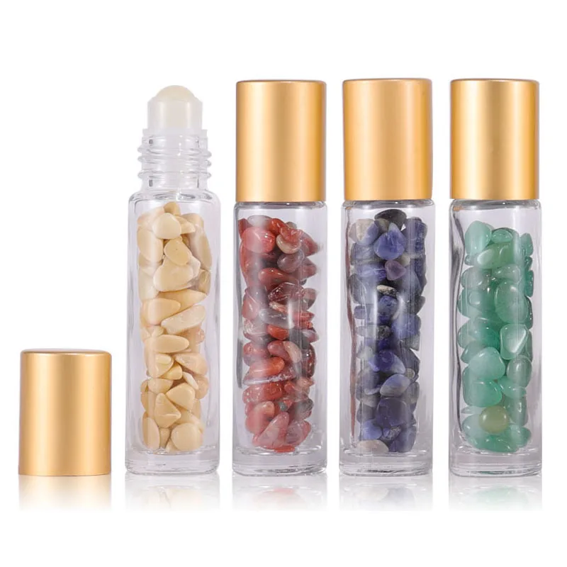 12X 10ml Glass Essential Oil Roller Bottles Healing Crystal Chips Stones Roll On Bottle Refillable perfume oil wholesale travel