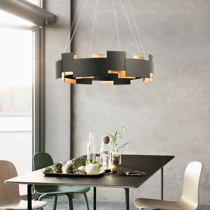 

Modern Iron G9 Pendant Lamps Nordic Crown Ring Shape Chandelier Simplicity Suspension Light Living Room Black Lighting Fixtures