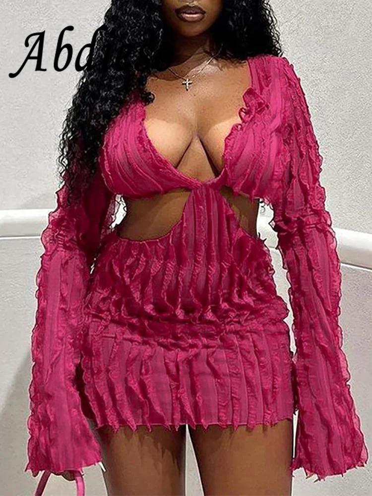 

Abdieso 2023 осеннее Сетчатое сексуальное короткое облегающее платье с вырезом Мини Женская Клубная одежда модное платье с V-образным вырезом и длинным рукавом для улицы