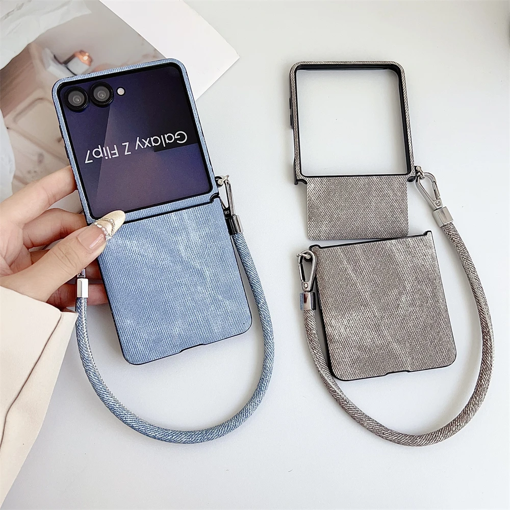 Luxury Denim Leather Phone Case with Lanyard and Wrist Strap - Slim Cover Design