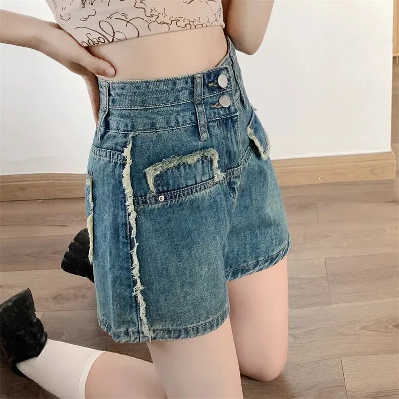 Women's 2024 new Summer Fashion High Waist Button Spliced   Versatile Casual Loose Simplicity Commuter Vintage denim shorts