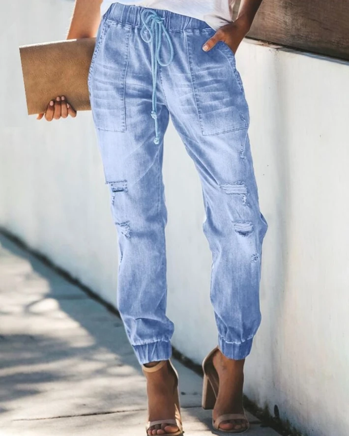 

Hot Selling Little Fresh Woman Clothes Drawstring Ripped Pocket Design Jeans Temperament Commuting Summer Fashion Denim Pants ﻿