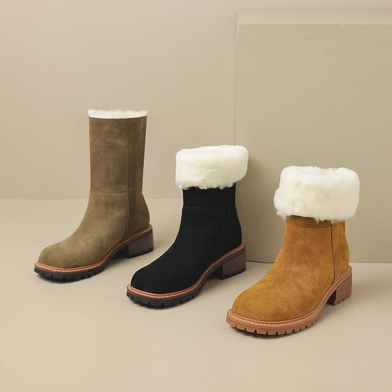 

Cow Suede Leather Snow Boots for Women Warm Thick Fur Chunky Heels Ankle Boots Slip-on Round Toe Lady Med Heels Shoes Winter New