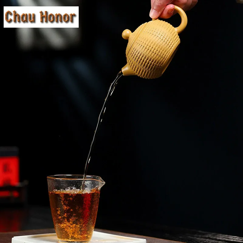 220ml Antique Yixing Purple Clay Teapots Handmade Bamboo Weaving Xishi Pot Raw Ore Section Mud Kettle With Filter Zisha Tea Set