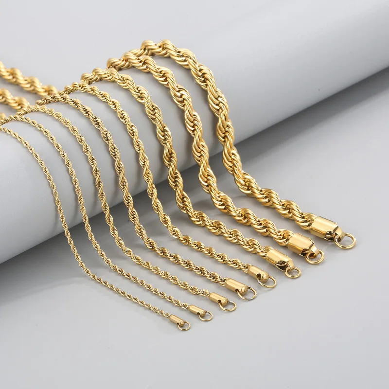 

2/3/4/5/6/7/8mm Gold Color Men Women Rope Long Necklace Punk Stainless Steel Minimalist Twist Rope Chain Necklace Jewelry