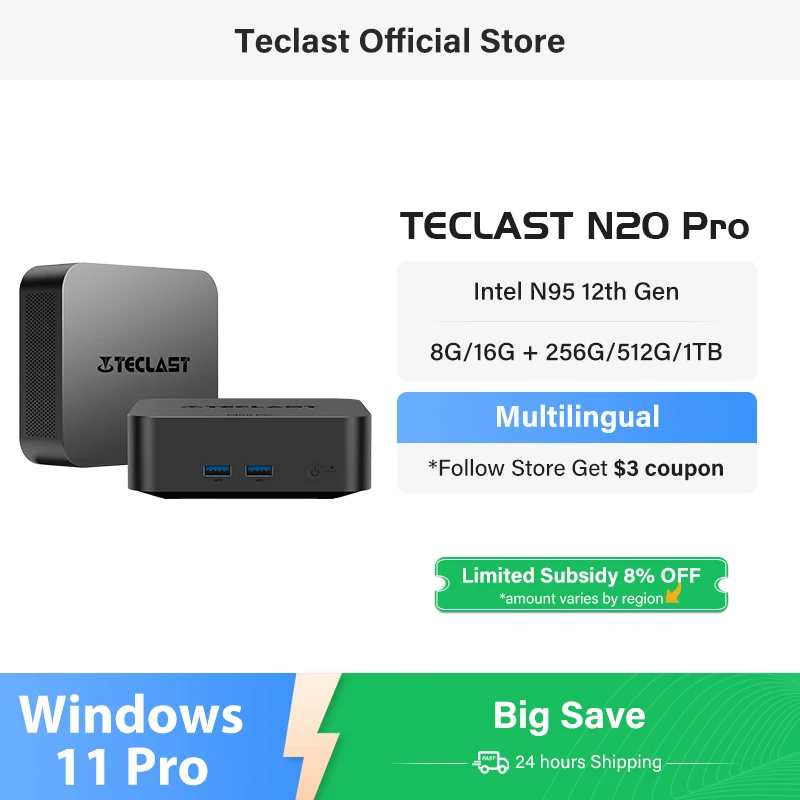 Teclast N20 Pro Mini PC Intel N95 12th Gen Processors DDR4 16GB RAM 256GB/512GB/1TB SSD WiFi BT 4K HD Desktop Computer Portable