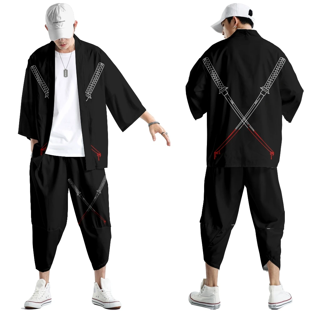 Two-piece Suit Oversize XXS-6XL Japanese Style Fashion Kimono And Pants Set Men Cardigan Blouse Haori Obi Asian Clothes 6