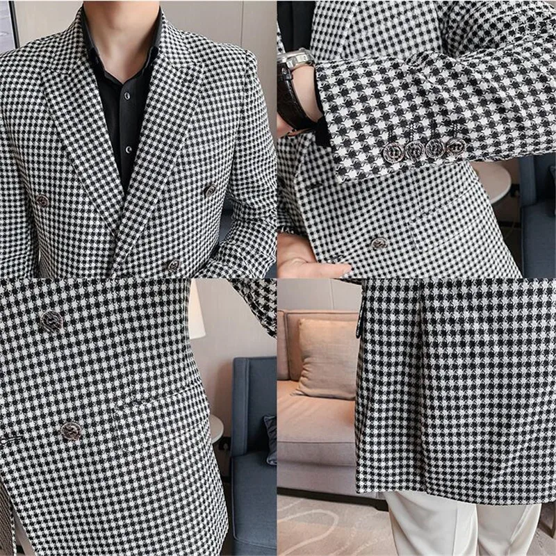 British Style Mens Slim Fit Houndstooth Blazer Men New Simple Double Breasted Business Office Wedding Dress Suit Jacket