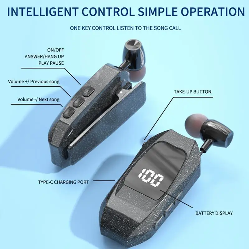 Retractable Wireless Headset Headphone Stereo Earphone V5.0 Noise Cancelling Mic Clip on Earpiece Comfortable HandsFree Headset