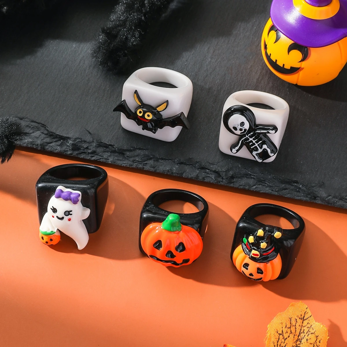 5pcs Halloween Gothic Style Pumpkin Ghost Bat Skull Ring for Women Unique Creative Custom-Made Jewelry Accessory