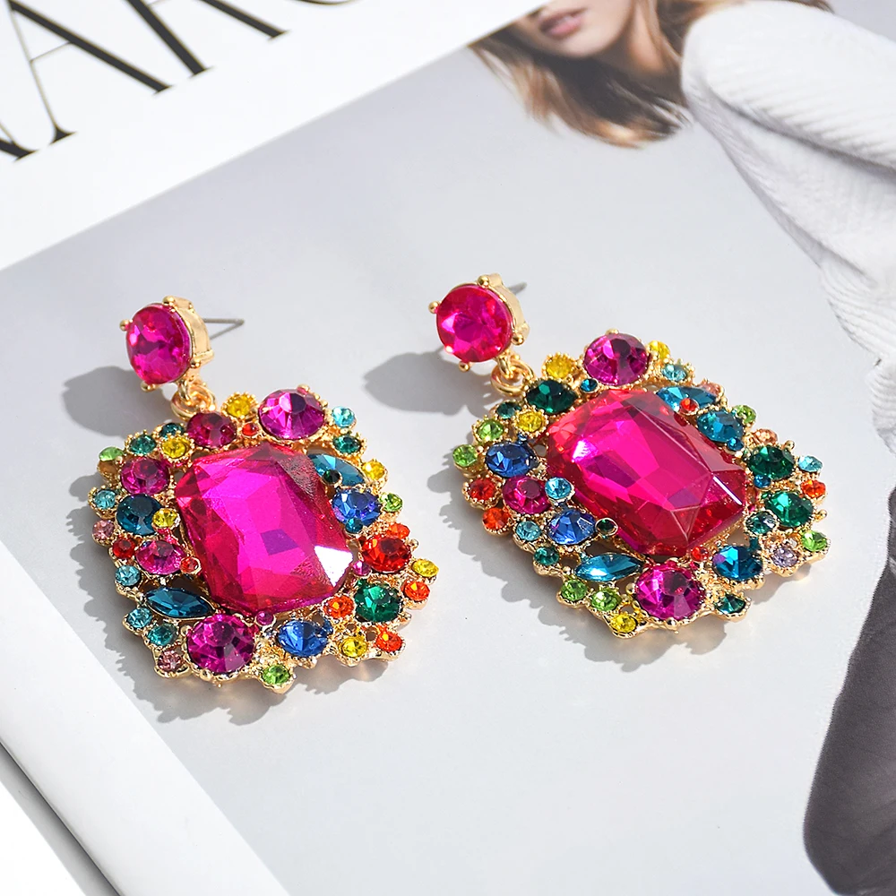 Trendy Colorful Exaggerated Shiny Full Crystal Drop Earrings For