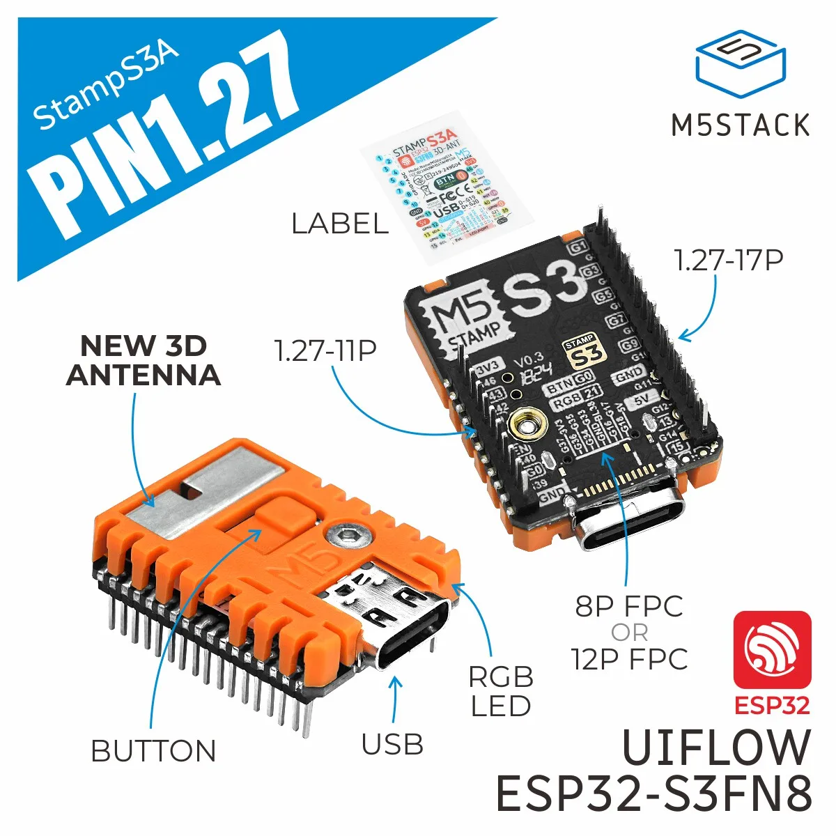 M5Stack 공식 StampS3A ESP32-S3 임베디드 모듈(1.27인치 핀 헤더 포함) 공식 제품 1.27인치 피치 핀