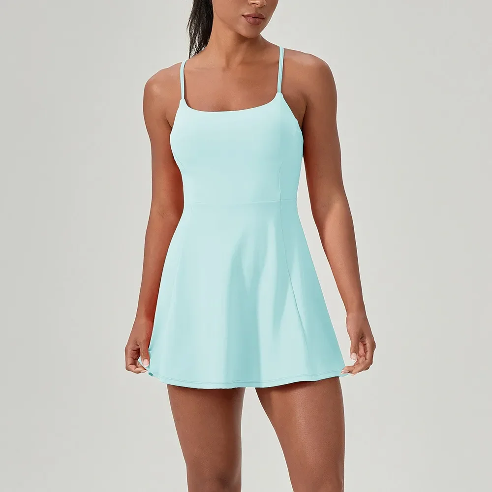 S-2XL One Piece Tennis Dress With Shorts&Chest Pads Golf Dress Workout Trainning Skirts Sleeveless Quick-Dry Athletic Dresses