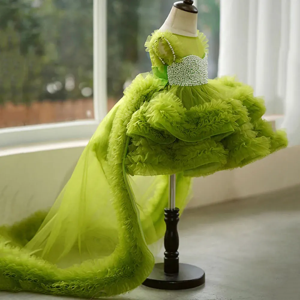 Flower Girl Dresses Green Flower Girl Dress For Wedding Tulle Layered Puffy With Pearls Baby Kids Birthday Party Ball First Communion Gowns