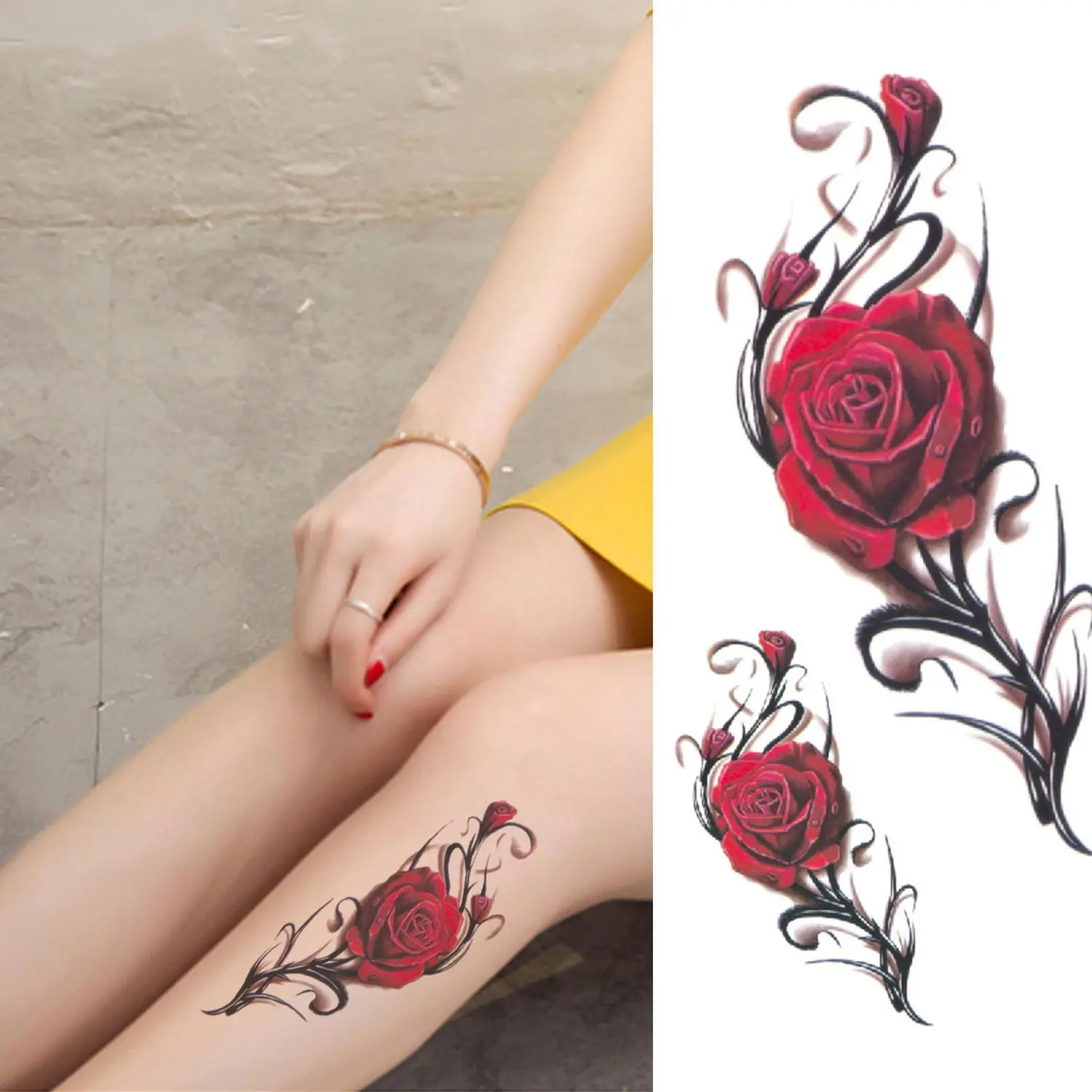 Sexy Rose Flower Fake Tattoo voor vrouw arm buik bloemen tattoo waterdichte  kunst tijdelijke tattoo sticker blijvende tattoo sticker - AliExpress, image size:1500x1500