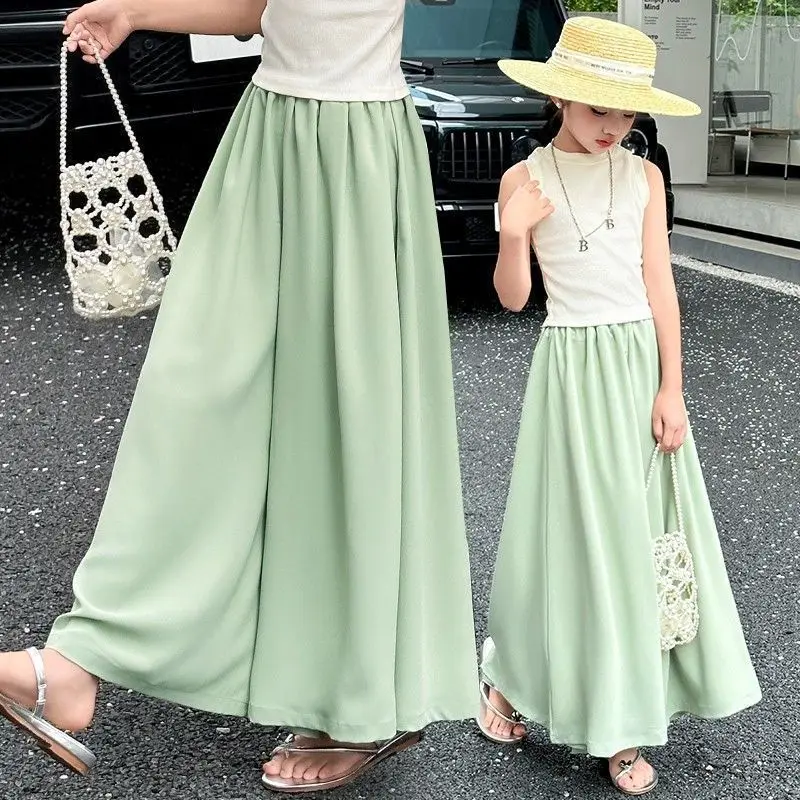 2025 GREEN summer Teenager Girls Children ice silk wide leg loose dance retro Pants 5 8 10 12 14 Years Baby Trousers Kids 6