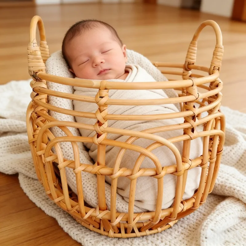 1 Piece Retro Rattan Newborn Professional Photography Props Baby Basket Rattan Crib Essential Studio Photography Furniture Tool