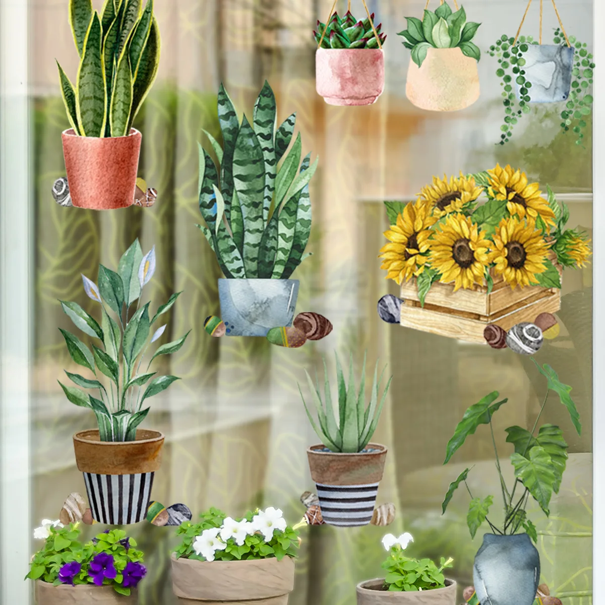 Fresh Green Plant Flower Pot Window Cling Sticker - Removable Static Decal for Home, Kitchen, Shop Decoration