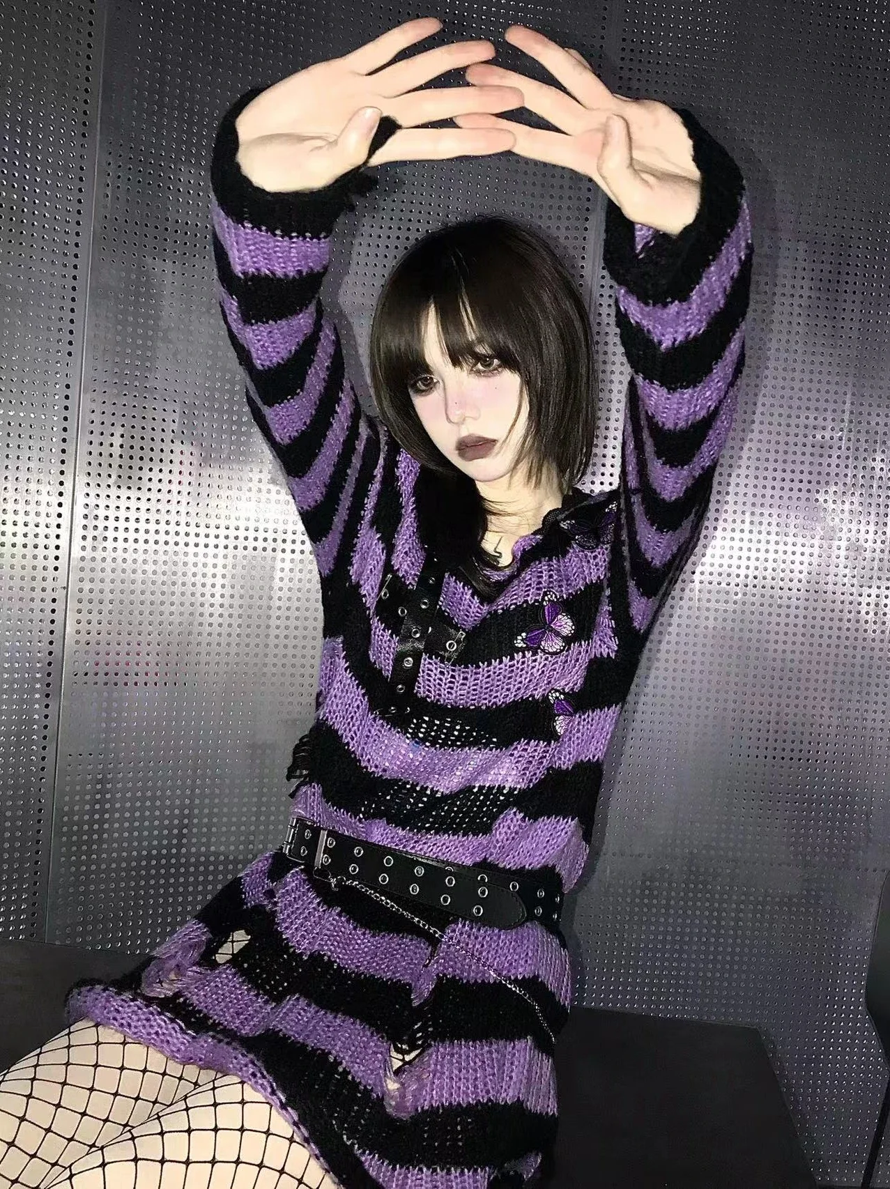 

Ruibbit Harajuku Y2K Japanese Punk Women Rock Hole Striped Loose Befree Purple Sweaters Knitted Jumpers Sweater Hot Girl