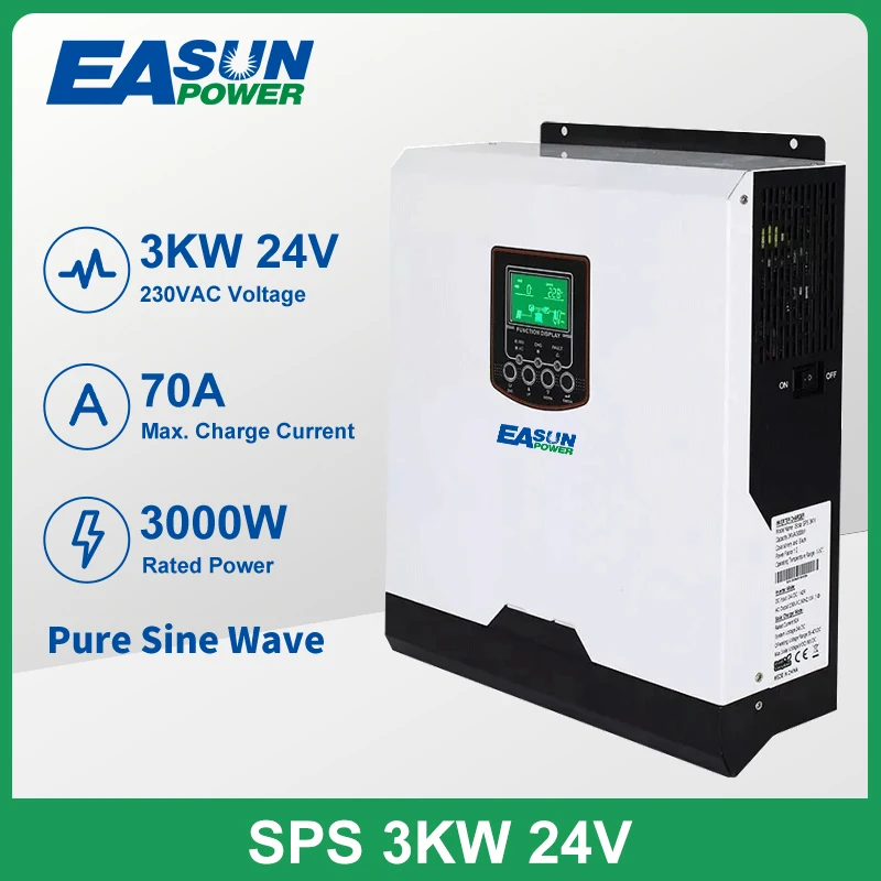 Easun Power 3Kw 230Vac 24V Inverter Soalr 50Hz 60Hz 3000Va Pwm 70A Invertitore Di Corrente Di Carica A Onda Sinusoidale Pura Con Carica Della Batteria