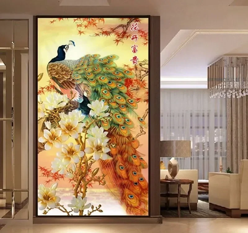QIANZEHUI Needlework DIY blooming flower peacock Cross stitch The vertical version of magnolia silk series Wall Home Decro cross stitch kit